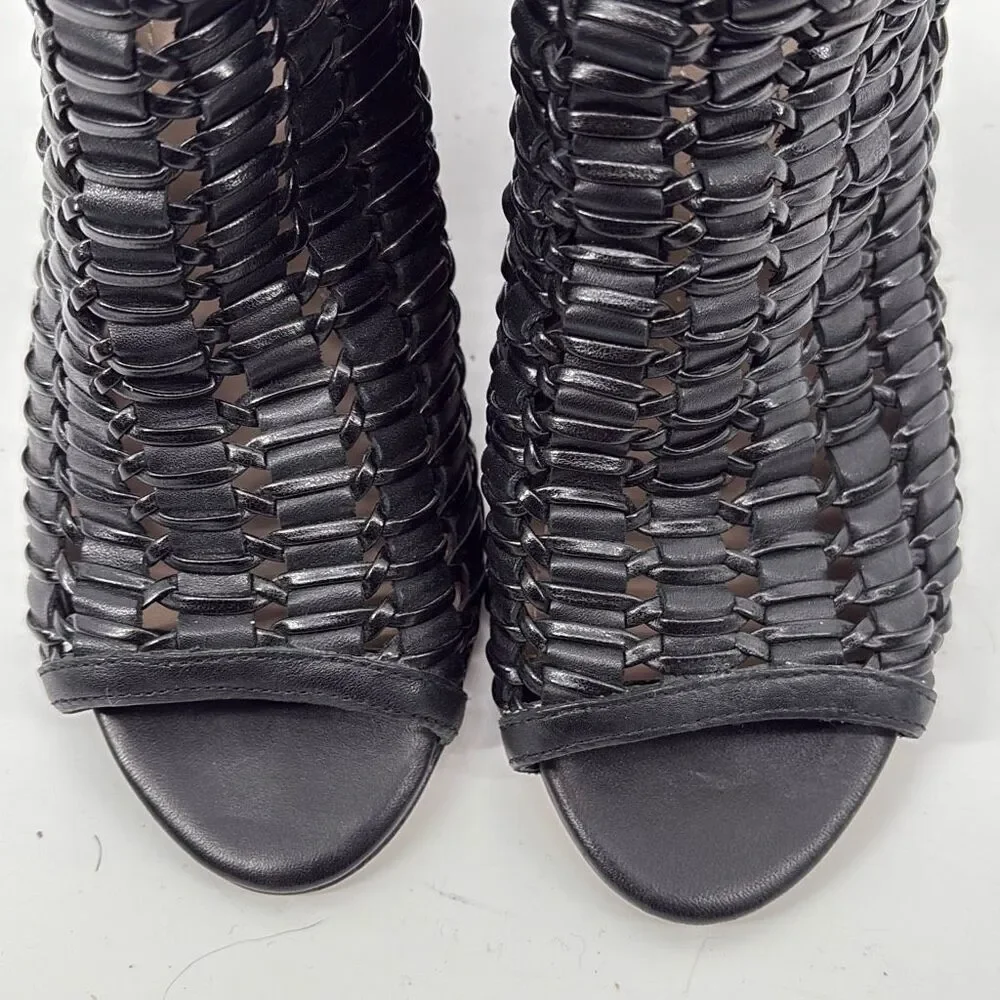 New Donald J Pliner Women's JACQI‎ Woven Wedge Peep Toe Zip Bootie Black 6